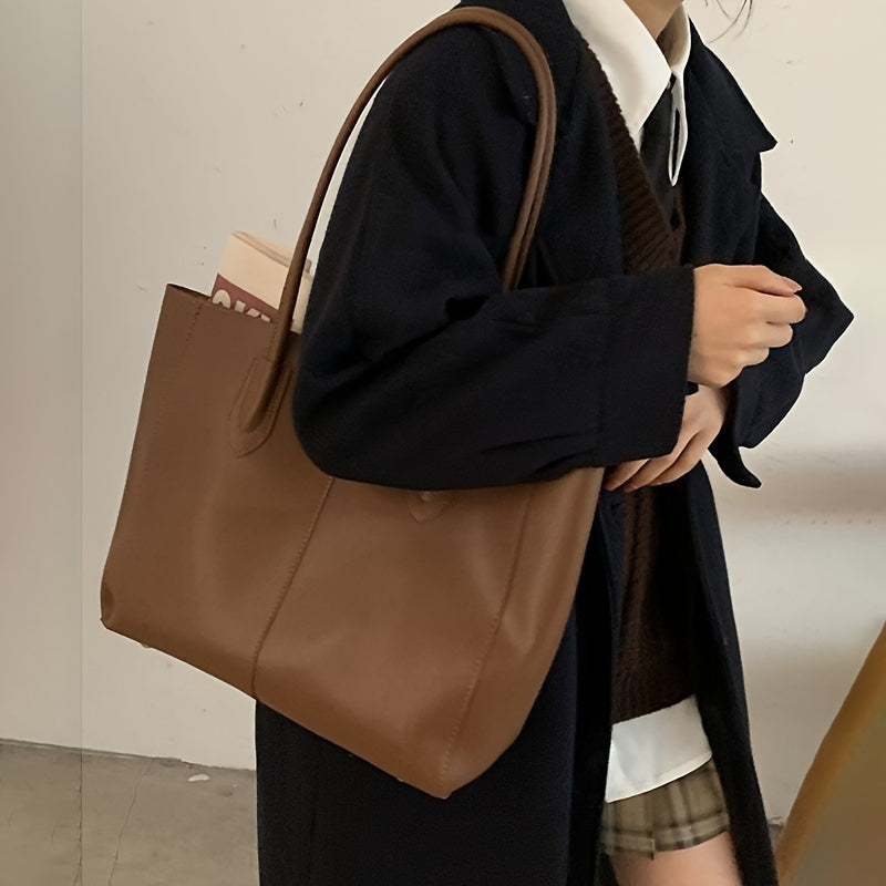 Chic Large Capacity Tote Bag for Women - Vintage Style, Waterproof Faux Leather, Fashionable Shoulder Handbag with Secure Clasp Closure - NEXTRENDBAHRAIN