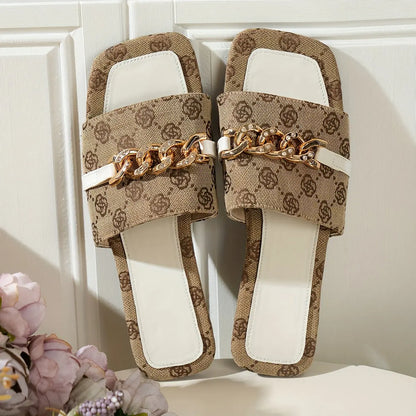 Women's Fashion Slide Sandals With Chain Accents, Comfortable Slip-on Summer Footwear - NEXTRENDBAHRAIN