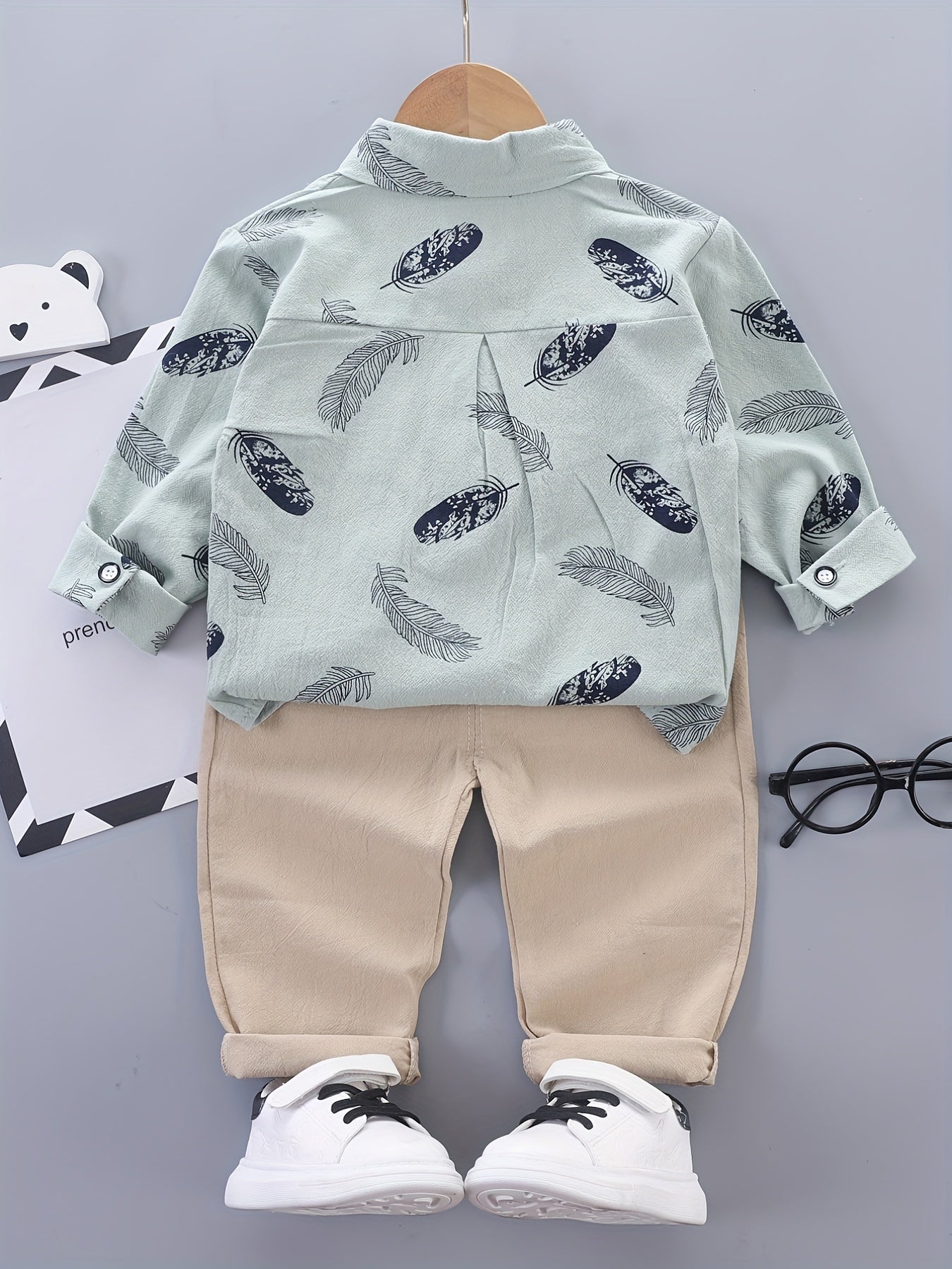 Boys Feather Graphic Patch Pocket Label Long Sleeve Shirt & Trousers Suit, Toddler Baby's Party Casual Clothes - NEXTRENDBAHRAIN