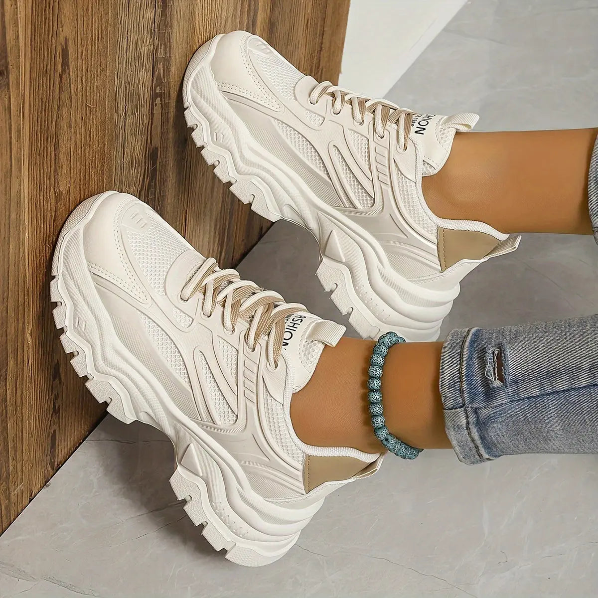 Women's Solid Color Mesh Sneakers, Lace Up Soft Sole Platform Casual Shoes, Breathable Low-top Comfy Shoes - NEXTRENDBAHRAIN