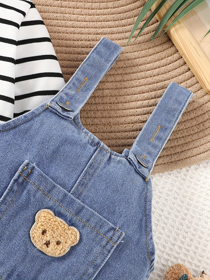 Boy'S Denim Overalls with Striped Long Sleeve Top - Fall/Winter Collection - Cotton Blend, Casual Style, Elastic Fabric, Cartoon Pattern, Button Detail, Long Pants, Regular Fit, Knit (Including Crochet, Woolen Fabric), Polyes - NEXTRENDBAHRAIN