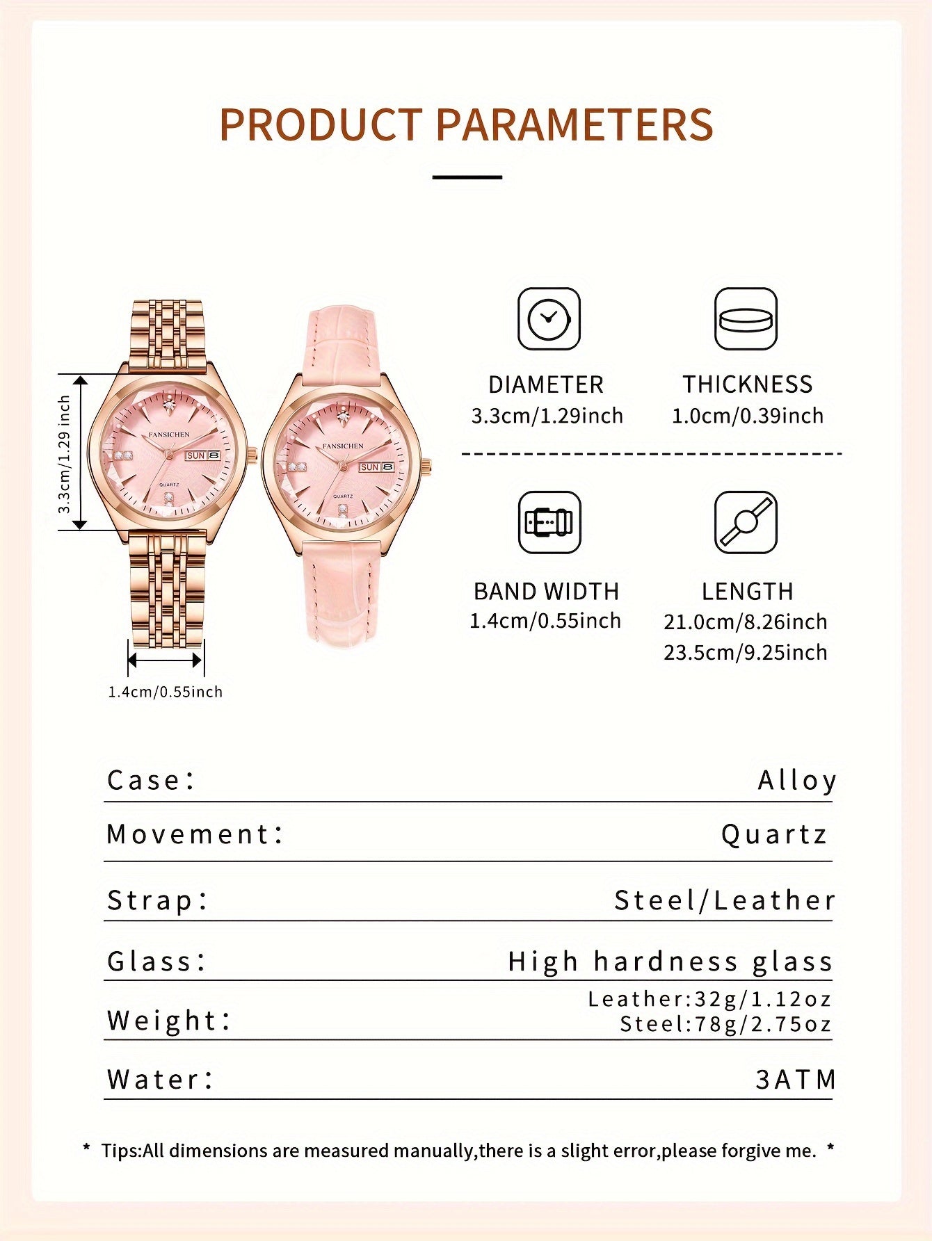 Elegant Women's Watch with Rhinestone Dial - Rose Golden, & Luminous with Calendar Feature, Genuine Faux Leather/Stainless Steel Band - Perfect Gift for Her - NEXTRENDBAHRAIN