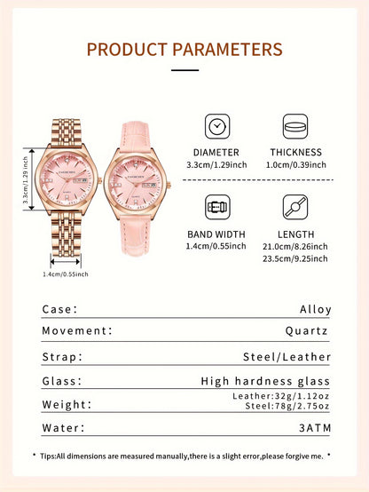 Elegant Women's Watch with Rhinestone Dial - Rose Golden, & Luminous with Calendar Feature, Genuine Faux Leather/Stainless Steel Band - Perfect Gift for Her - NEXTRENDBAHRAIN