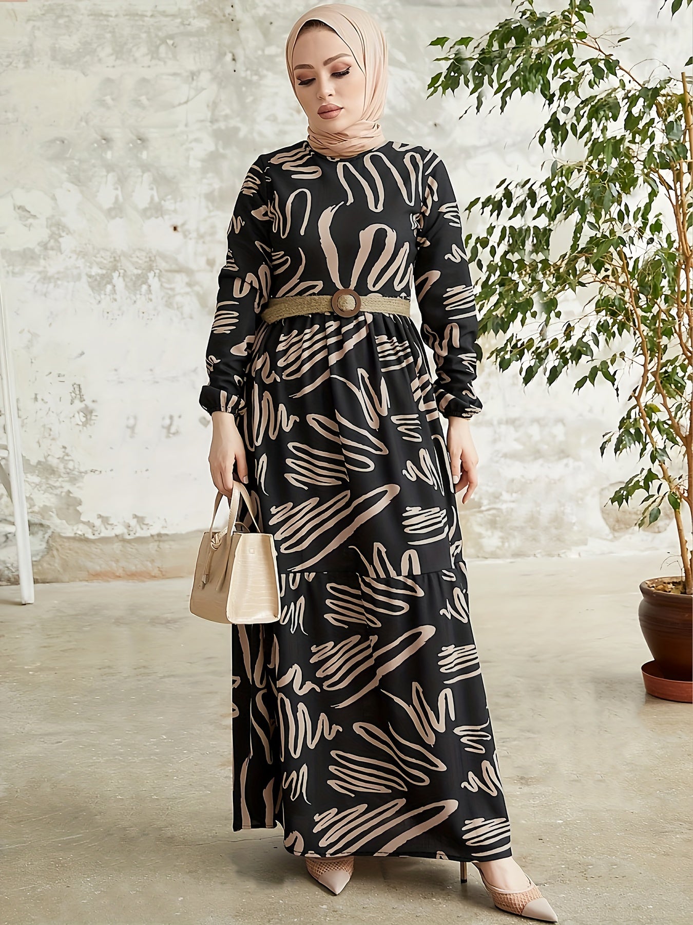 Allover Print Crew Neck Kaftan Dress, Elegant Long Sleeve Maxi Dress, Women's Clothing - NEXTRENDBAHRAIN