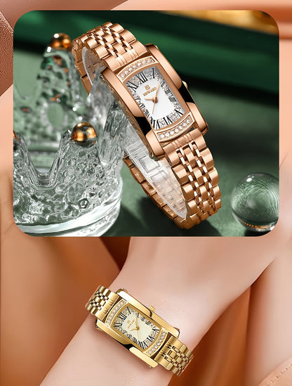 Elegant Golden-Tone Women's Watch - Luxury Retro Rectangle Design with Rhinestone Accents, Stainless Steel Band, Japanese Quartz Movement - NEXTRENDBAHRAIN