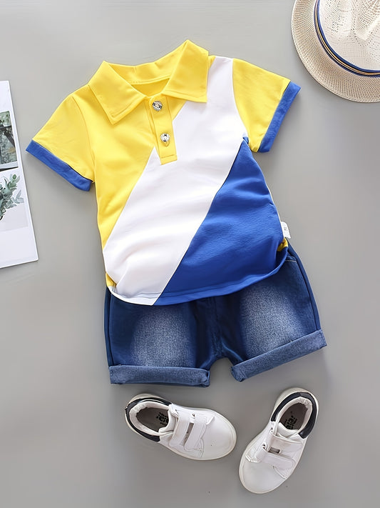 2pcs Baby Boy's Casual Cotton Summer Set, Color Block Short Sleeve Top & Shorts, Baby Boy's Clothes - NEXTRENDBAHRAIN