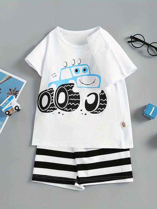 Boys Cartoon Off-road Vehicle Casual Outfit Round Neck T-shirt & Striped Shorts For Summer Kids Clothes - NEXTRENDBAHRAIN