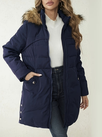 Women's Elegant Long Sleeve Polyester Padded Jacket Coat with Faux Fur Hood, Solid Color, Waterproof Mid-Length Slit Hem Winter Parka NEXTRENDBAHRAIN