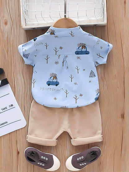 2pcs Baby Infant Boys Cute Cartoon Graphic Print Short Sleeve Shirt & Shorts Set Clothes - NEXTRENDBAHRAIN