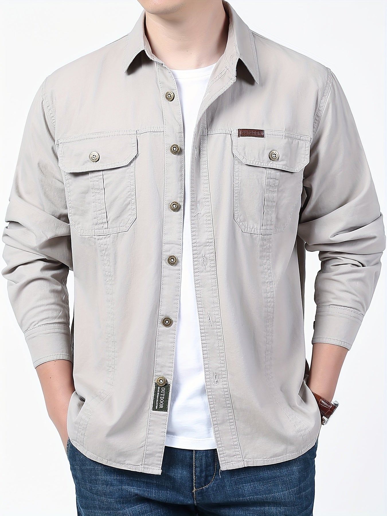 Cotton Comfy Solid Men's Cargo Style Long Sleeve Button Down Shirt With Flap Pockets, Spring Fall Thin Shirt Jacket NEXTRENDBAHRAIN