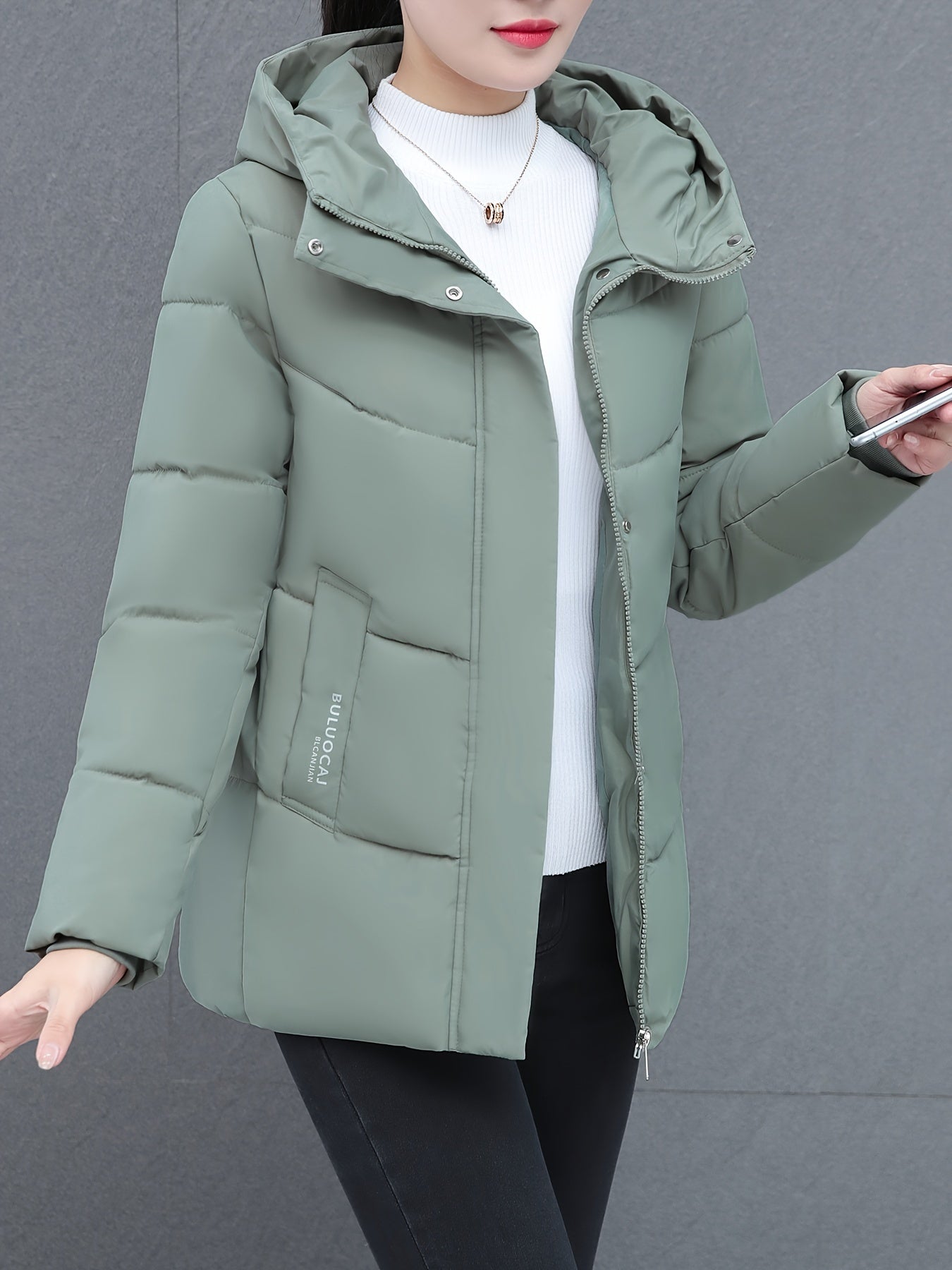 1pc Women'S Casual Style Winter Coat, Geometric Pattern Hooded Cotton Jacket, Long Sleeve, Mid-Length, Non-Stretch Polyester Fabric, No Waist Belt, Non-Waterproof with Pockets NEXTRENDBAHRAIN