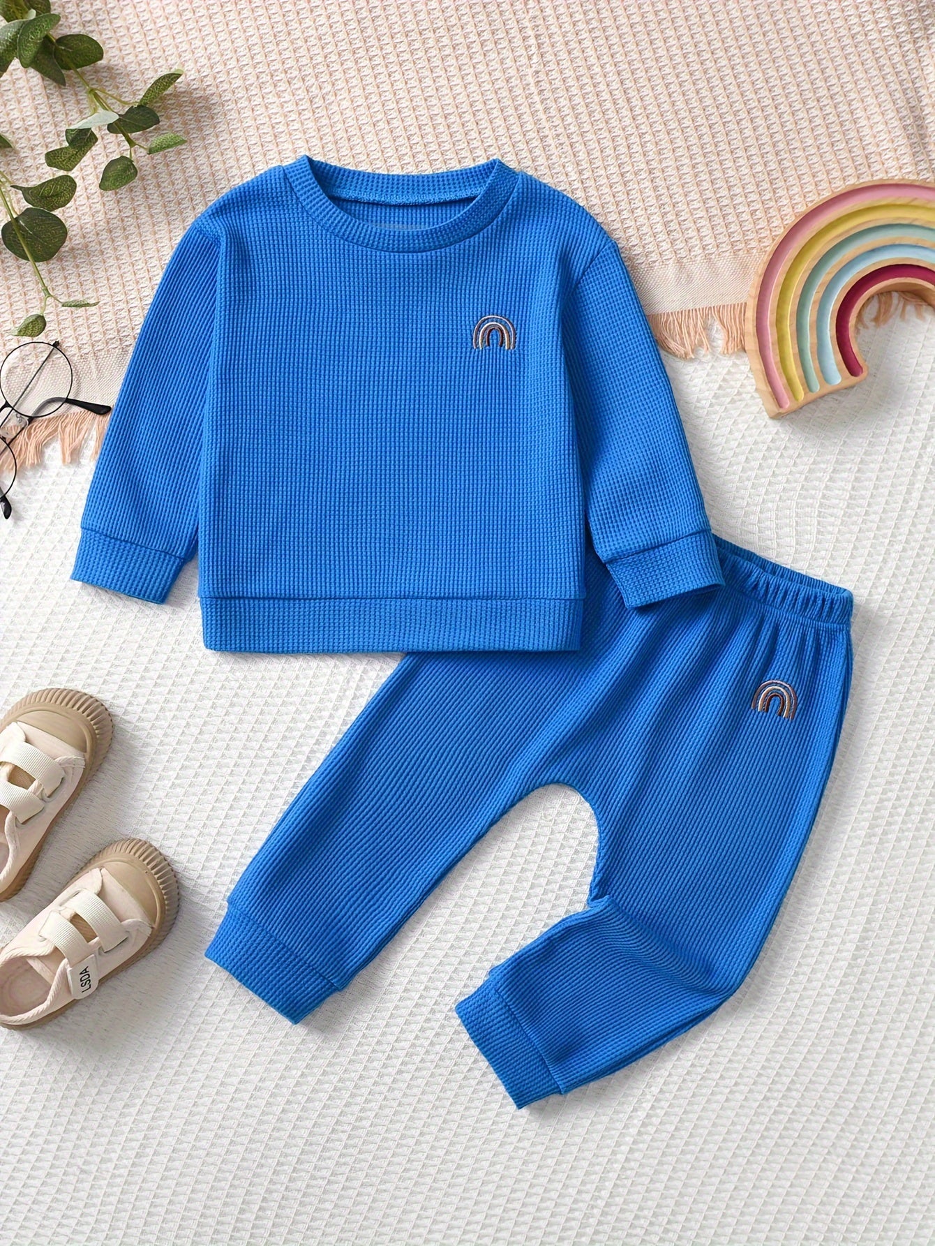 2pcs Baby Boys Rainbow Embroidered Waffle Textured Cotton Set, Sweatshirt & Pants, Baby Boy's Clothing, As Gift - NEXTRENDBAHRAIN