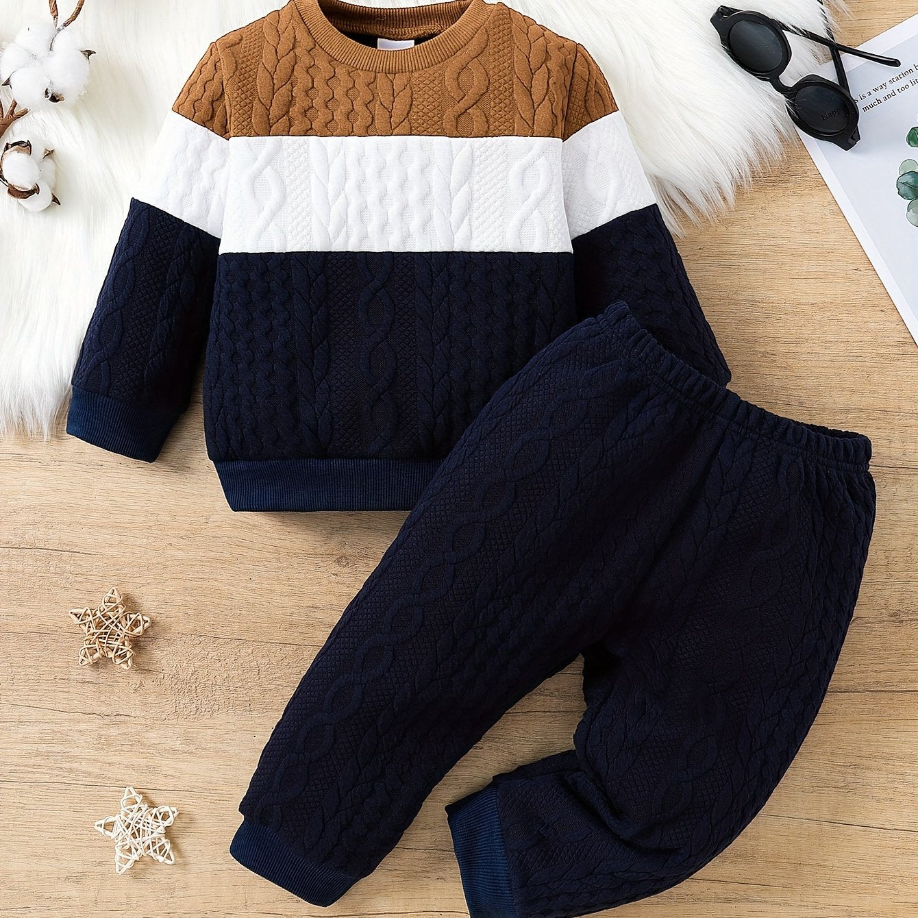 2pcs Baby's Color Clash Jacquard Sweatshirt & Casual Pants, Toddler & Infant Boy's Clothing Set For Spring Fall NEXTRENDBAHRAIN