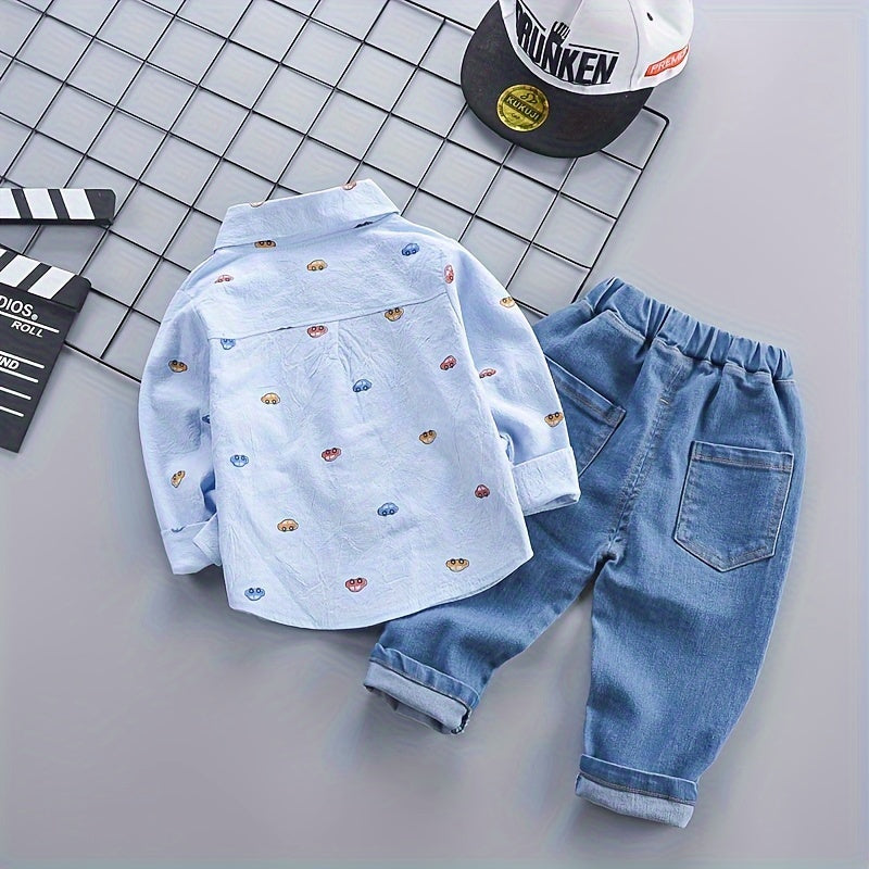 Baby Boy's 2Pcs Cartoon Cars Button Down Shirt & Elastic Pants Set, Toddler Cotton Spring Fall Outfit - NEXTRENDBAHRAIN