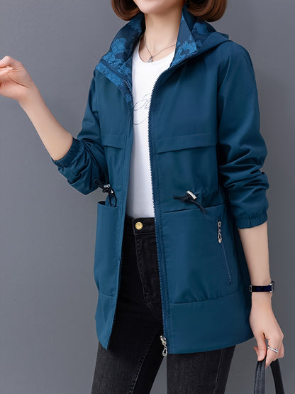 Casual Long Sleeve Drawstring Waist Hooded Zip Up Outdoor Jackets For Women, Two-sided Wear Waterproof And Windproof Coat For Autumn & Winter, Women's Clothing NEXTRENDBAHRAIN