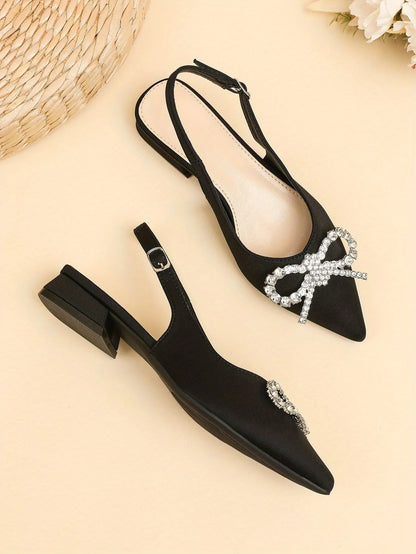 Women's Rhinestone Bow Low Heels, Trendy Pointed Toe Slip On Slingback Sandals, Elegant Evening Flat Shoes - NEXTRENDBAHRAIN