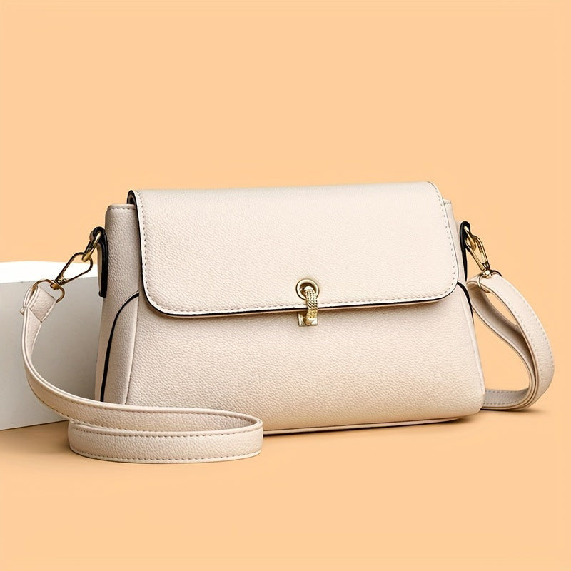 Vintage-Inspired Solid Crossbody Bag for Women with Adjustable Strap, Lightweight PU Leather Messenger Bag with Zipper Closure and Polyester Lining, Baigou-Crafted, Secure Flap-Over Design with Edge Paint Detail - NEXTRENDBAHRAIN