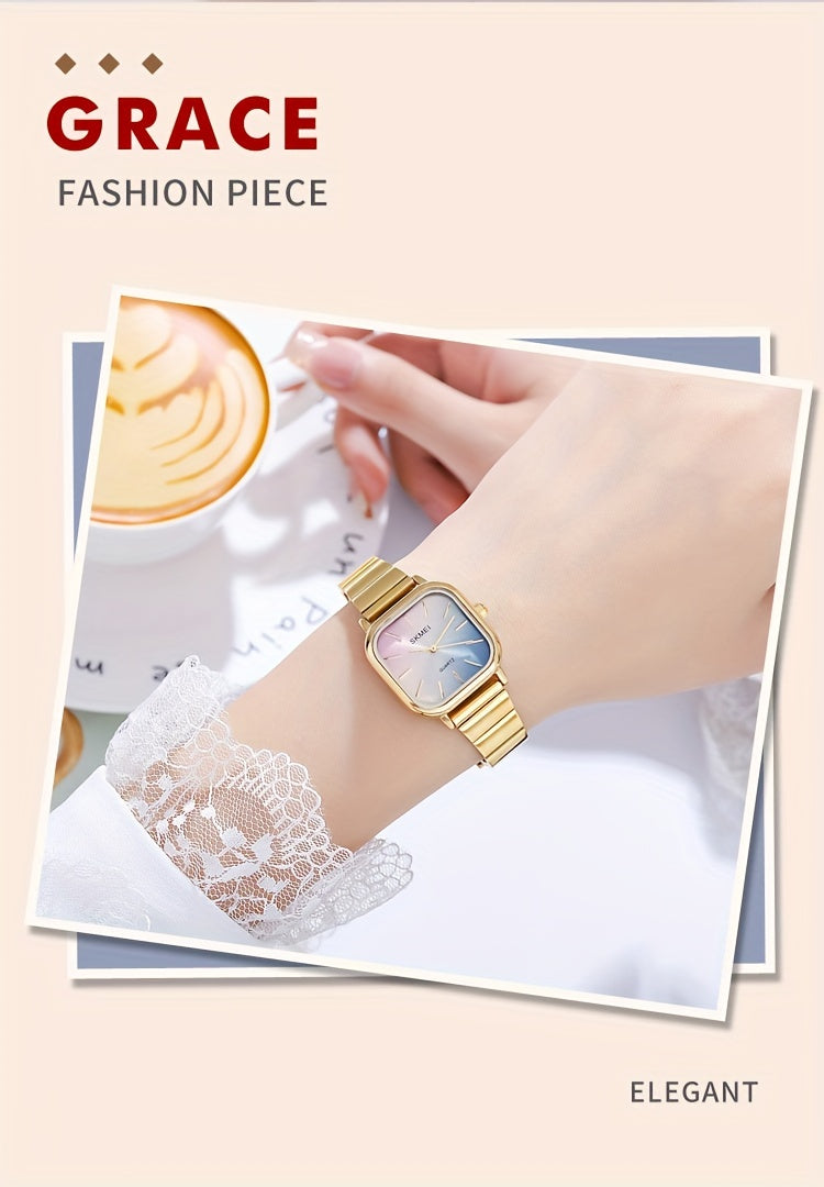 Women's Watch Fashion Square Pointer Quartz Watch Color Block Dial Analog WR Stainless Steel Wrist Watch - NEXTRENDBAHRAIN