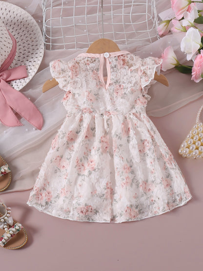 Baby's Elegant Flower Pattern Applique Mesh Flying Sleeve Dress, Infant & Toddler Girl's Clothing For Daily Wear/Holiday/Party, As Gift - NEXTRENDBAHRAIN