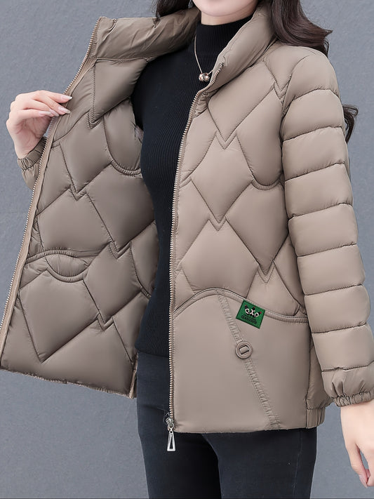 Women's Elegant Polyester Padded Jacket - Casual Style Embroidered Non-Stretch Quilted Coat with Long Regular Sleeves, Pleated Hem, Regular Fit - Winter Warmth without Belt (Collection: Elegant) NEXTRENDBAHRAIN