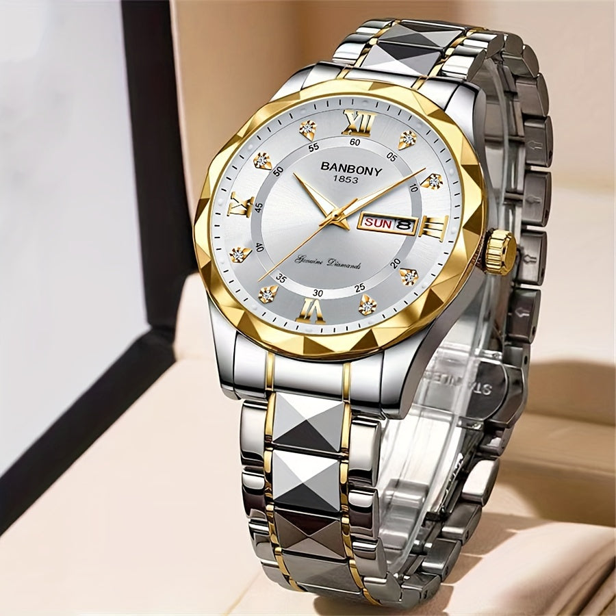 1pc Stainless Steel Strap Men's Roman Numerals Dial Rhinestones Multifunctional Watch, Ideal For Birthday, Holiday Gifts - NEXTRENDBAHRAIN