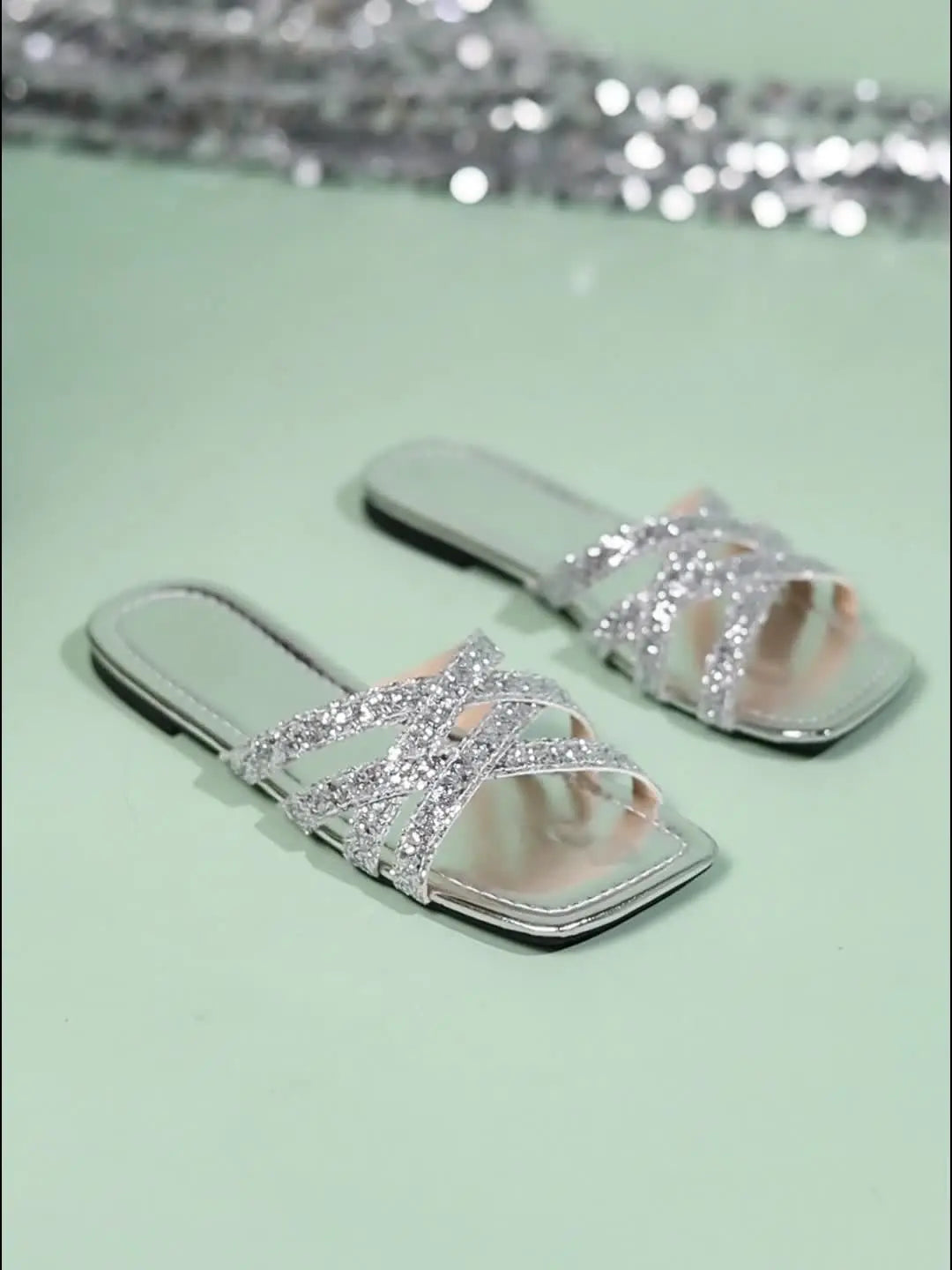 Women's Glitter Sequins Flat Slides, Crisscross Square Open Toe Summer Shoes, Fashion Summer Slide Sandals for Music Festival - NEXTRENDBAHRAIN