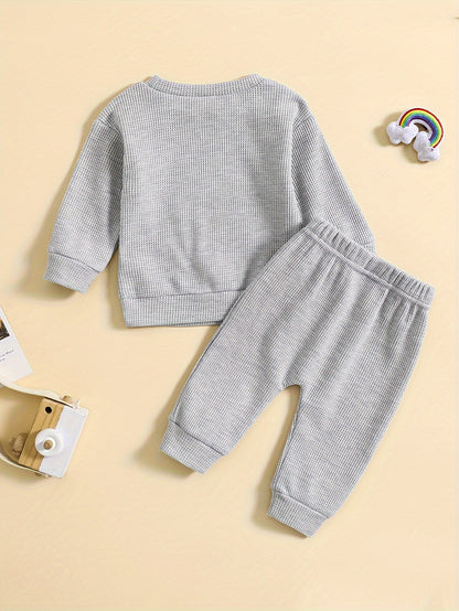 2pcs Baby Boys Rainbow Embroidered Waffle Textured Cotton Set, Sweatshirt & Pants, Baby Boy's Clothing, As Gift - NEXTRENDBAHRAIN