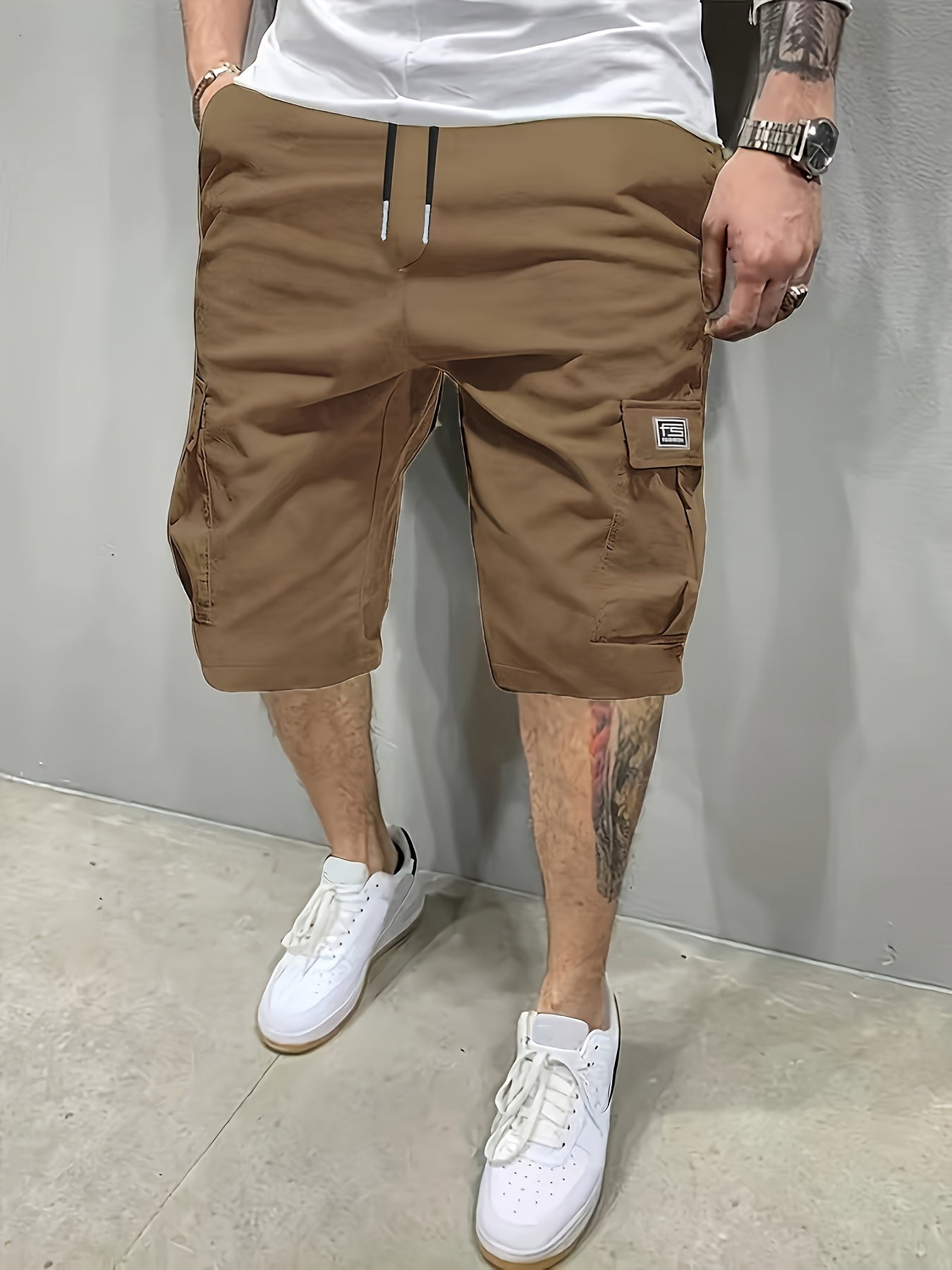 Casual Solid Men's Loose Fit Elastic Waist Cargo Shorts With Side Pockets For Summer Outdoor Leisure And Work - NEXTRENDBAHRAIN