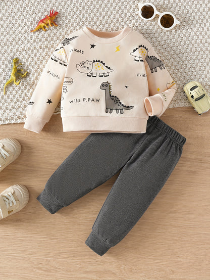 Boy'S Cartoon Dinosaur Print Long Sleeve Hoodie + Pants Set - Season: Fall/Winter, Style: Cute, Material: Polyester (Poly), Pattern: Dinosaurs, Fabric: Micro Elastic - NEXTRENDBAHRAIN