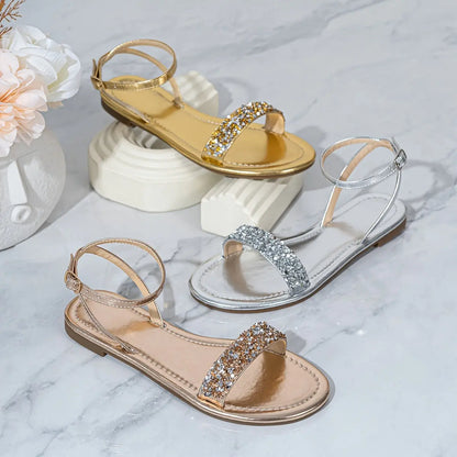 Women's Sequins Flat Sandals, Lightweight Open-toed Summer Ankle Strap Shoes, Stylish Outdoor Beach Sandals - NEXTRENDBAHRAIN