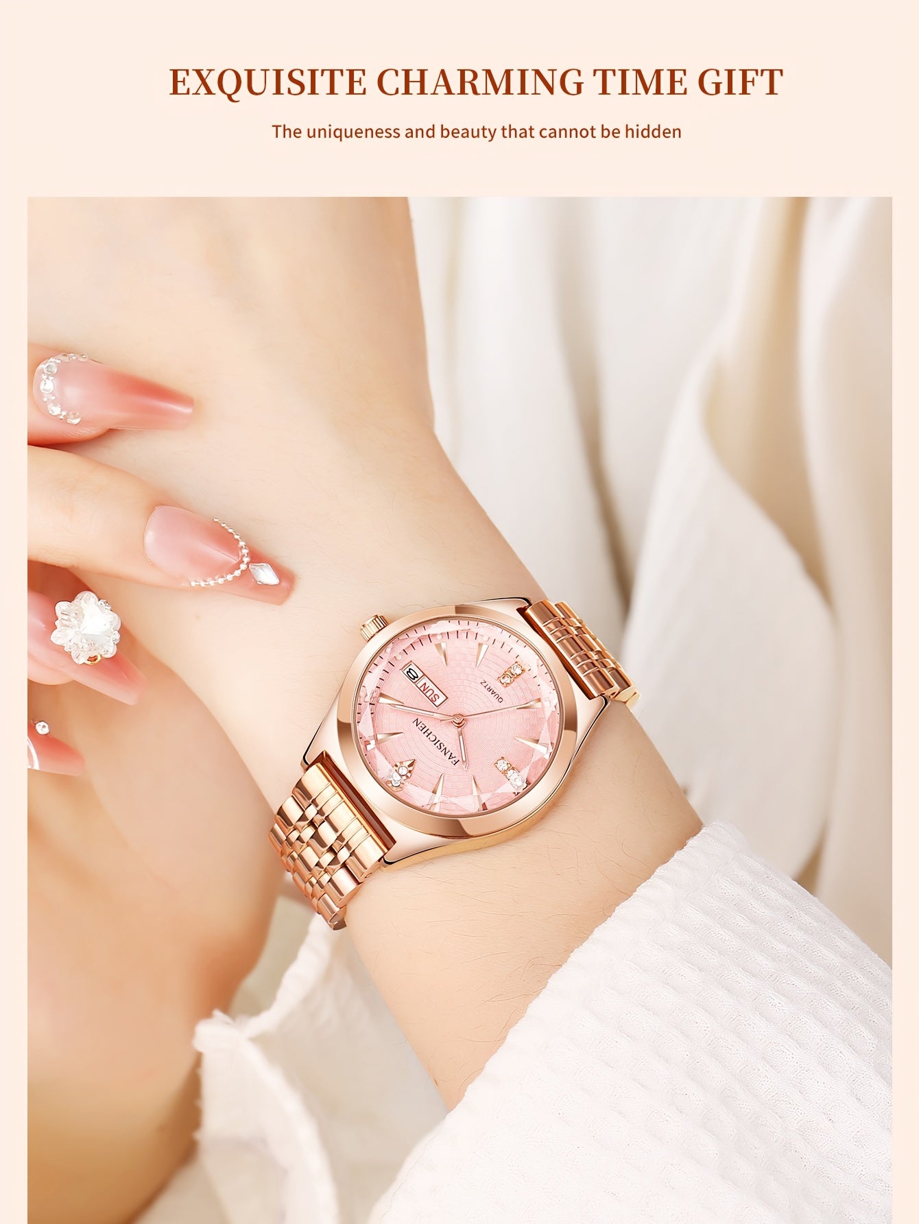 Elegant Women's Watch with Rhinestone Dial - Rose Golden, & Luminous with Calendar Feature, Genuine Faux Leather/Stainless Steel Band - Perfect Gift for Her - NEXTRENDBAHRAIN