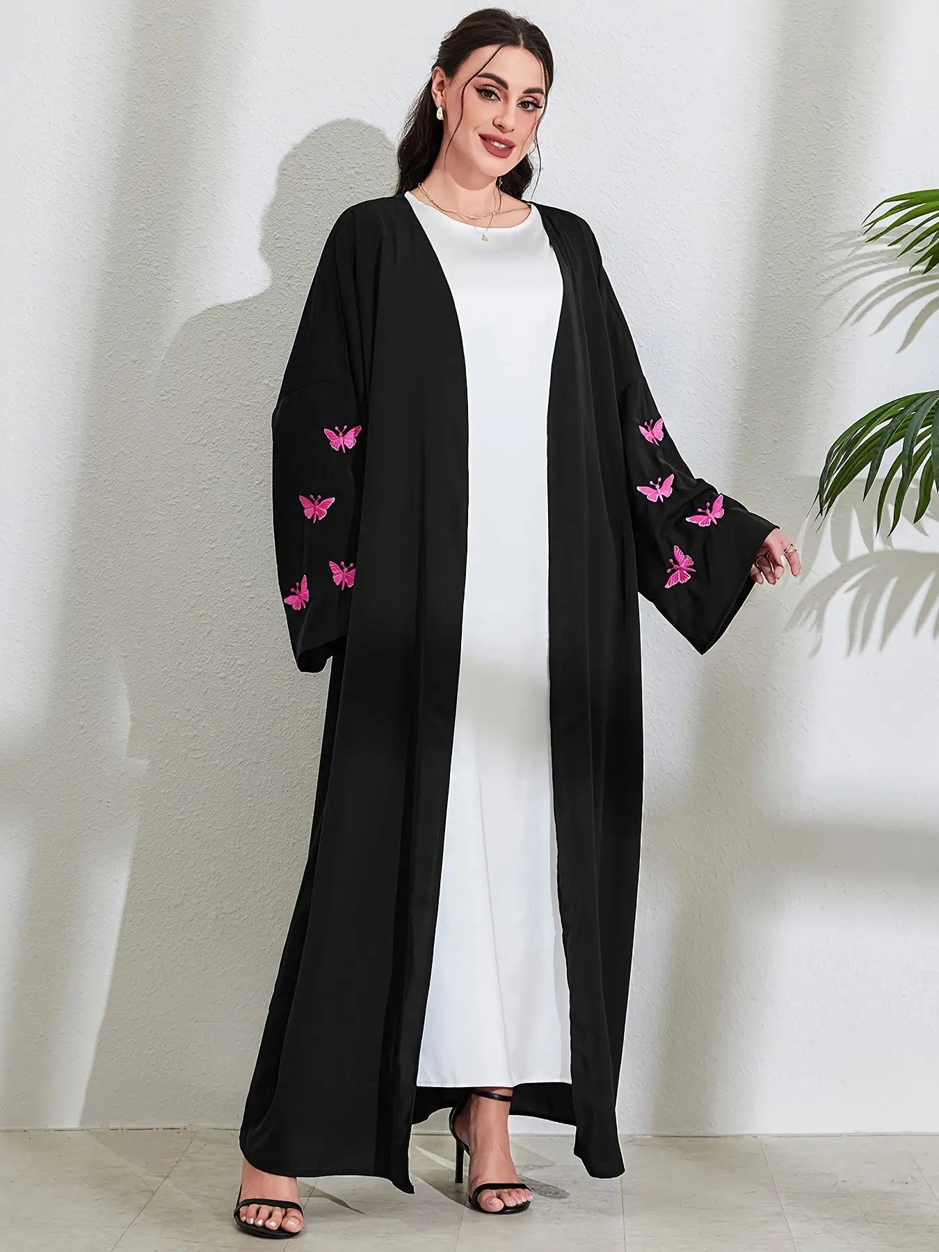 Butterfly Embroidered Modest Outwear, Elegant Open Front Maxi Loose Cover Up, Women's Clothing NEXTRENDBAHRAIN