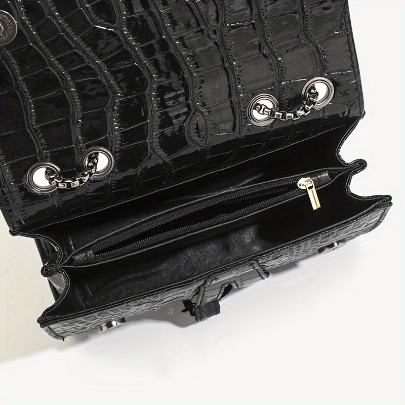 Women's Luxury Handbag, Elegant Crocodile Pattern Square Flap Chain Bag For Daily Use - NEXTRENDBAHRAIN