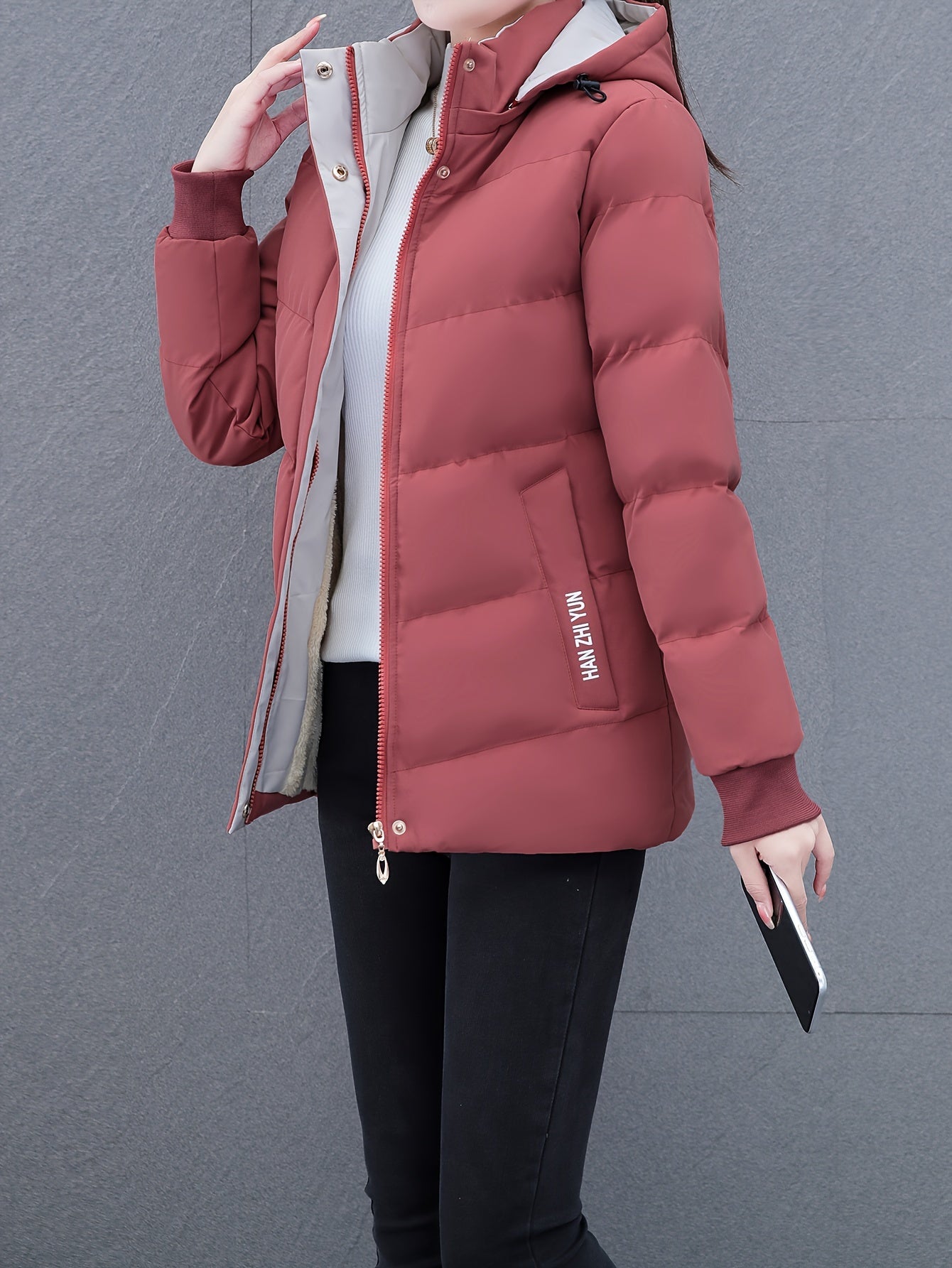 Women'S Puffer Coat, Autumn/Winter Warm Thickened Cotton Jacket, Hooded Sports Style, Solid Color, Zippered, Non-Stretch Fabric, Outdoor Casual Jacket, Polyester (Poly) Material, Woven Knit NEXTRENDBAHRAIN