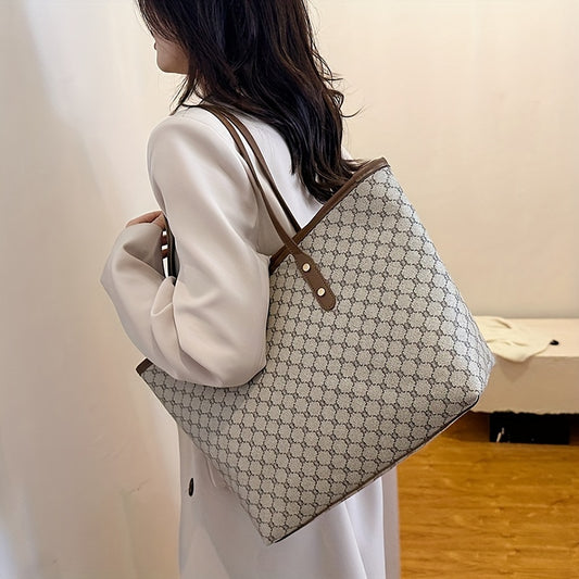 Chic Vintage Letter Print Tote Bag for Women - Spacious Faux Leather Handbag with Comfortable Shoulder Strap, Durable & Stylish for Work or Play - NEXTRENDBAHRAIN