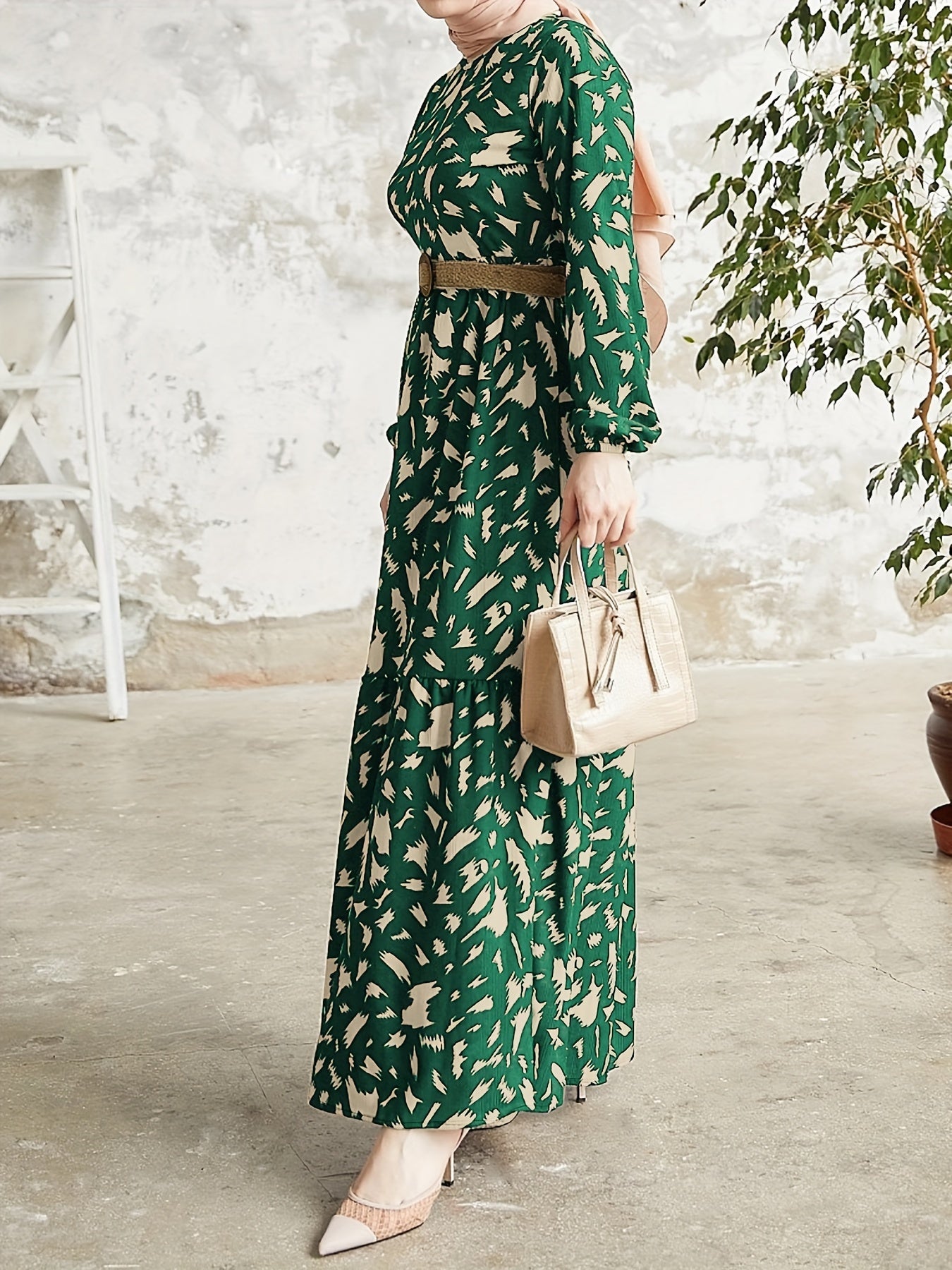 Allover Print Crew Neck Modest Dress, Elegant Long Sleeve Maxi Dress For Spring & Fall, Women's Clothing - NEXTRENDBAHRAIN