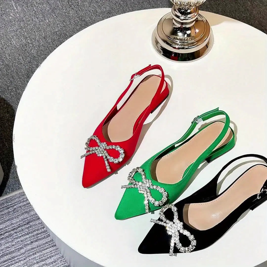 Women's Rhinestone Bow Low Heels, Trendy Pointed Toe Slip On Slingback Sandals, Elegant Evening Flat Shoes - NEXTRENDBAHRAIN