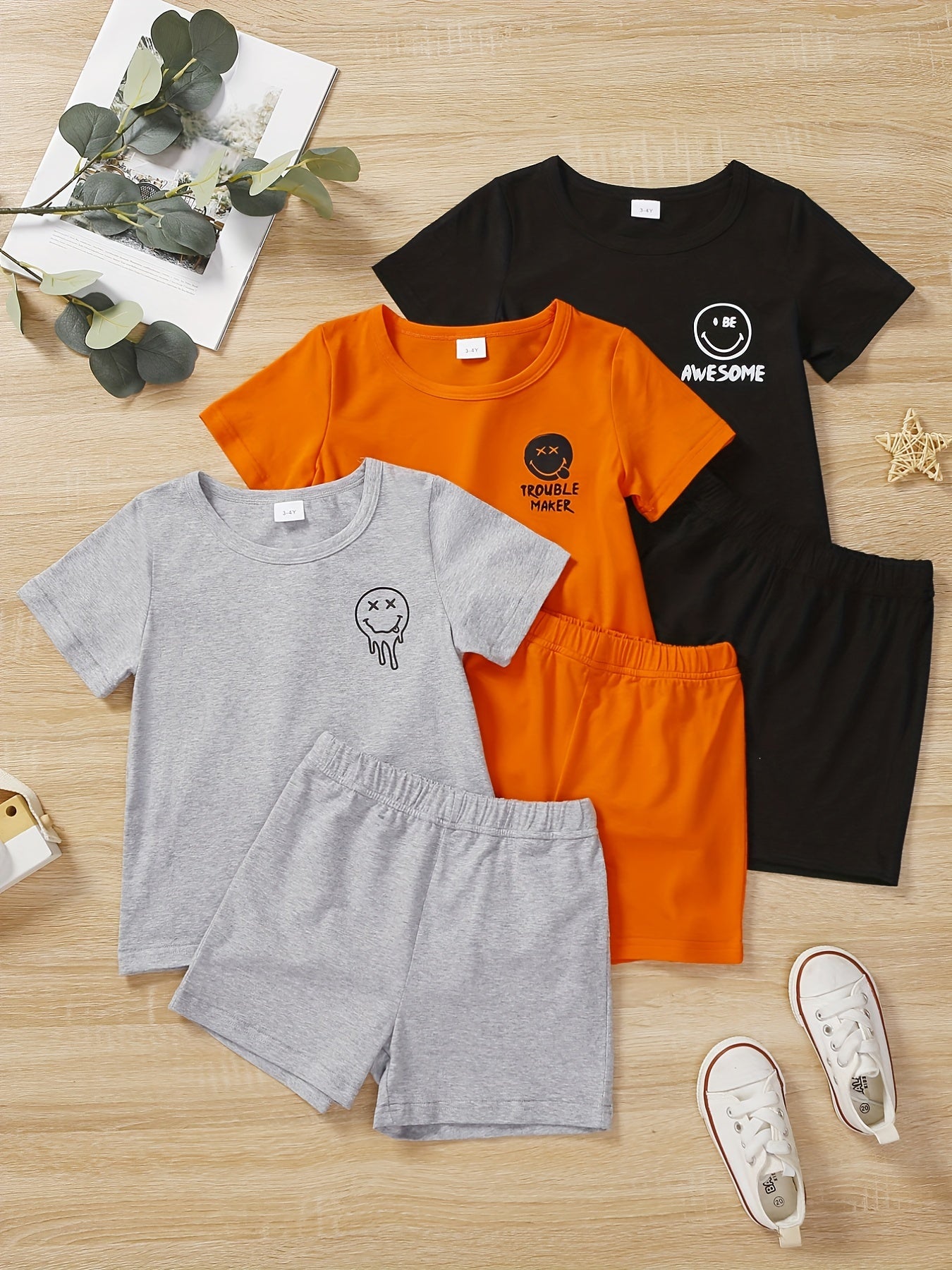 3pcs Boys Casual Smile Face Graphic Print Short Sleeve T-shirt&Shorts Set, Comfy Summer Kids Clothing - NEXTRENDBAHRAIN