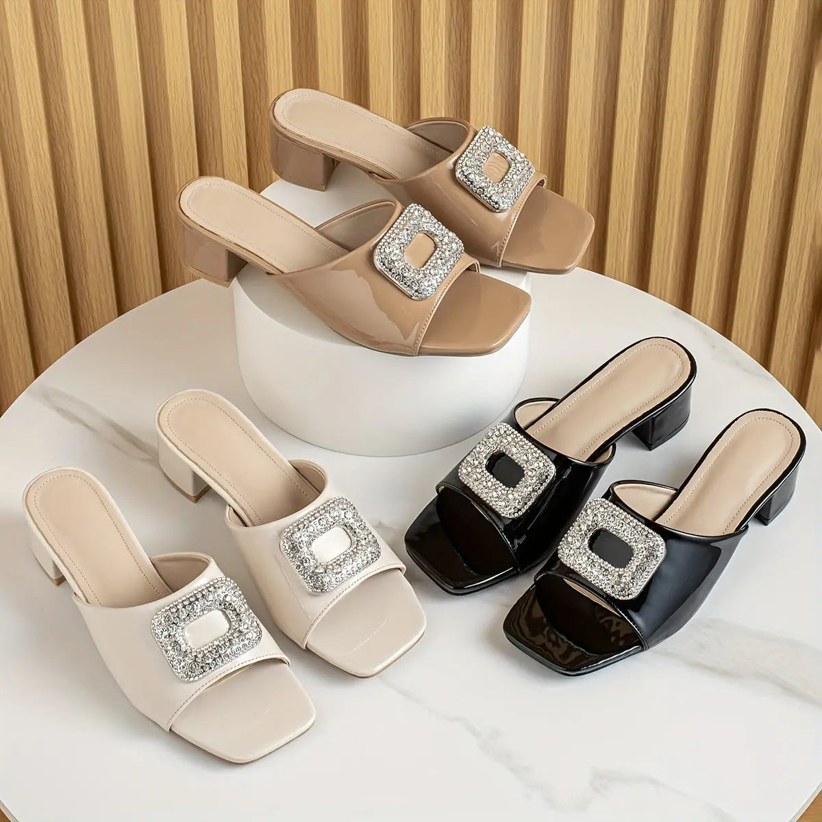 Women's Solid Color Stylish Sandals, Slip On Rhinestone Buckle Chunky Heels, Comfort Square Toe Daily Footwear - NEXTRENDBAHRAIN