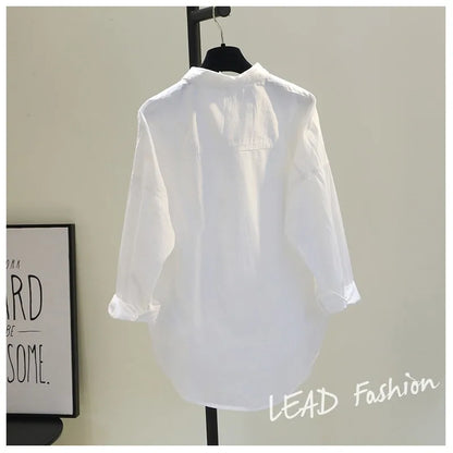 Casual Button Cotton White Women's Shirt Spring Long Sleeve Solid Loose Blouses Office Lady Elegant Tops - NEXTRENDBAHRAIN