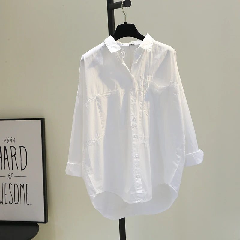 Casual Button Cotton White Women's Shirt Spring Long Sleeve Solid Loose Blouses Office Lady Elegant Tops - NEXTRENDBAHRAIN