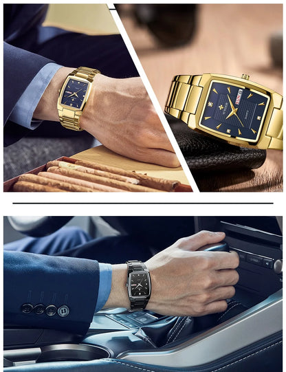 WWOOR 2024 New Square Watch Men with Automatic Week Date Luxury Stainless Steel Gold Mens Quartz Wrist Watches Relogio Masculino - NEXTRENDBAHRAIN