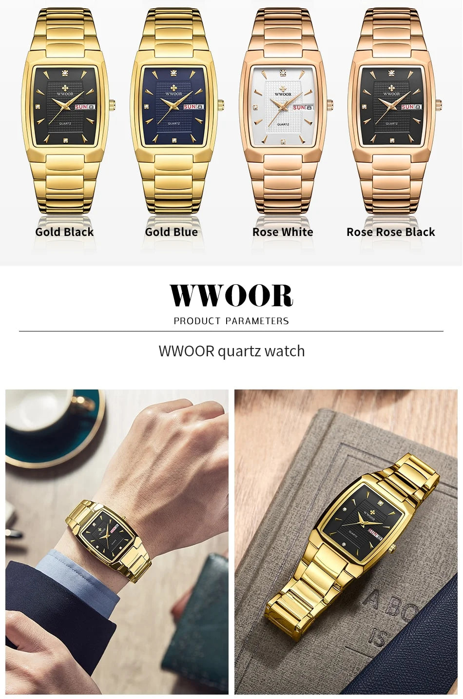 WWOOR 2024 New Square Watch Men with Automatic Week Date Luxury Stainless Steel Gold Mens Quartz Wrist Watches Relogio Masculino - NEXTRENDBAHRAIN