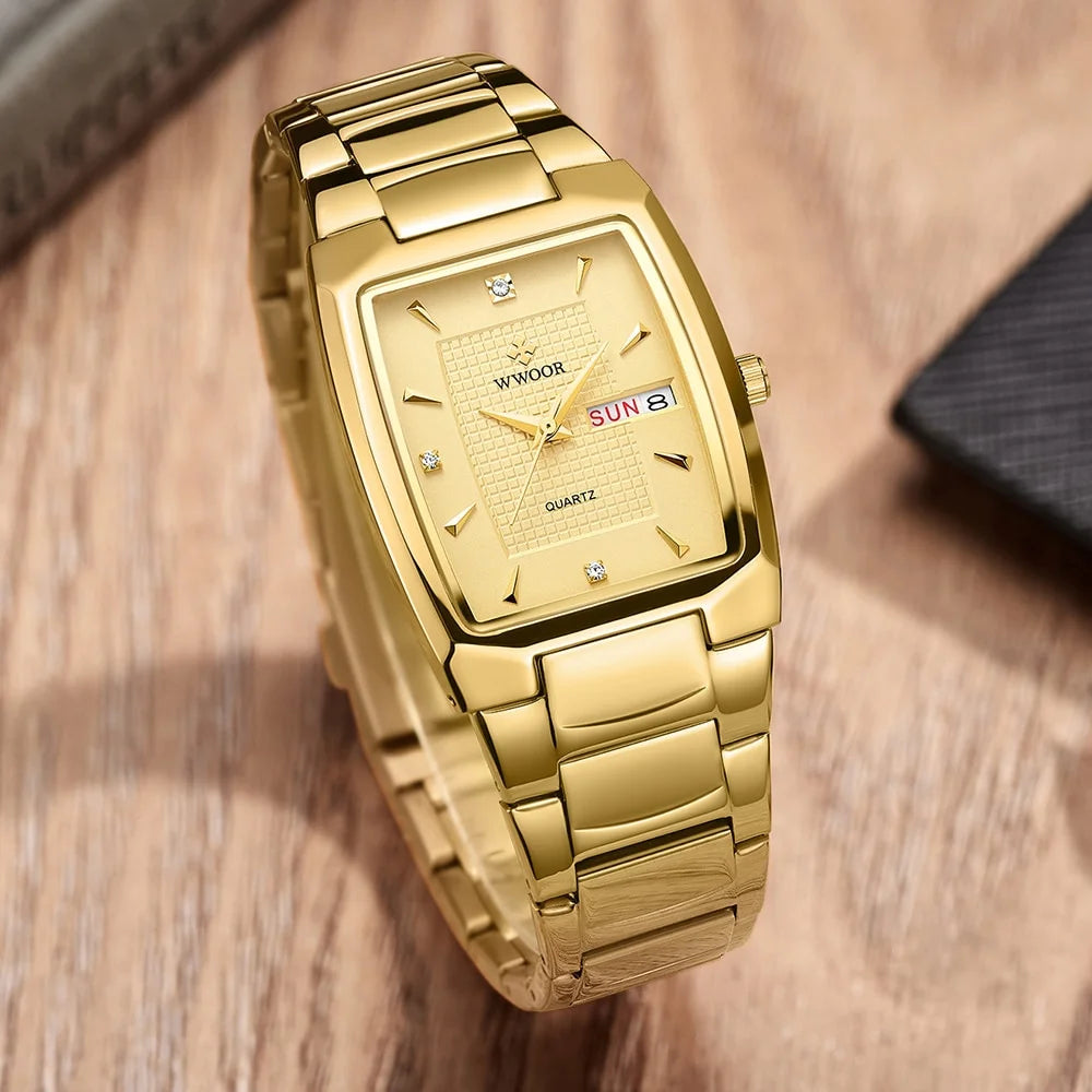 WWOOR 2024 New Square Watch Men with Automatic Week Date Luxury Stainless Steel Gold Mens Quartz Wrist Watches Relogio Masculino - NEXTRENDBAHRAIN