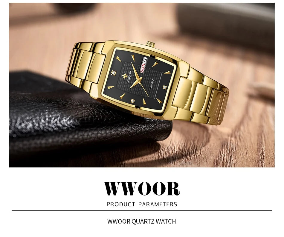 WWOOR 2024 New Square Watch Men with Automatic Week Date Luxury Stainless Steel Gold Mens Quartz Wrist Watches Relogio Masculino - NEXTRENDBAHRAIN