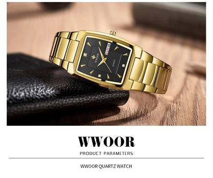 WWOOR 2024 New Square Watch Men with Automatic Week Date Luxury Stainless Steel Gold Mens Quartz Wrist Watches Relogio Masculino - NEXTRENDBAHRAIN