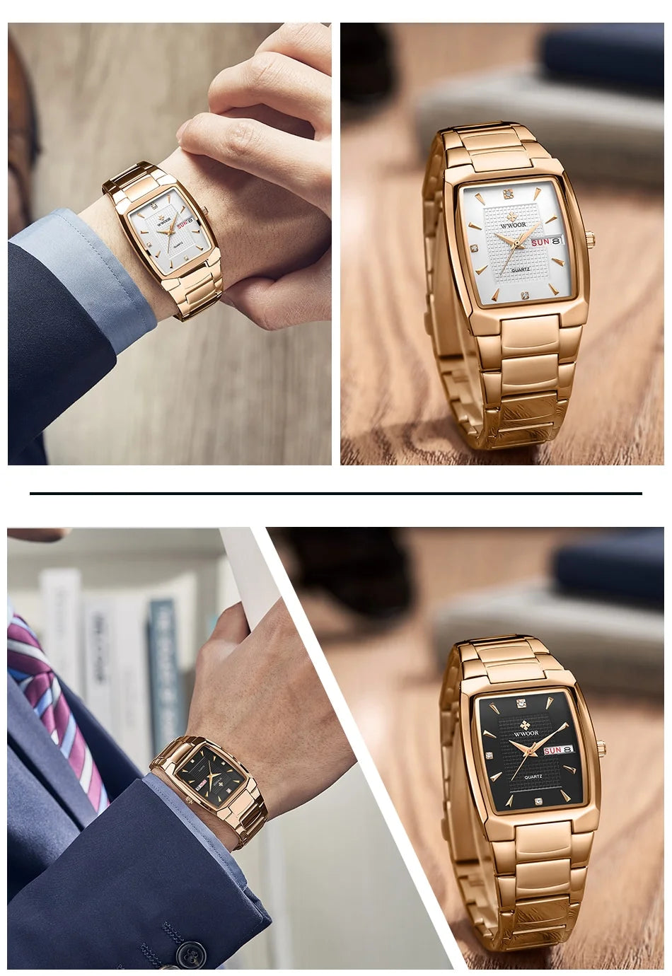 WWOOR 2024 New Square Watch Men with Automatic Week Date Luxury Stainless Steel Gold Mens Quartz Wrist Watches Relogio Masculino - NEXTRENDBAHRAIN