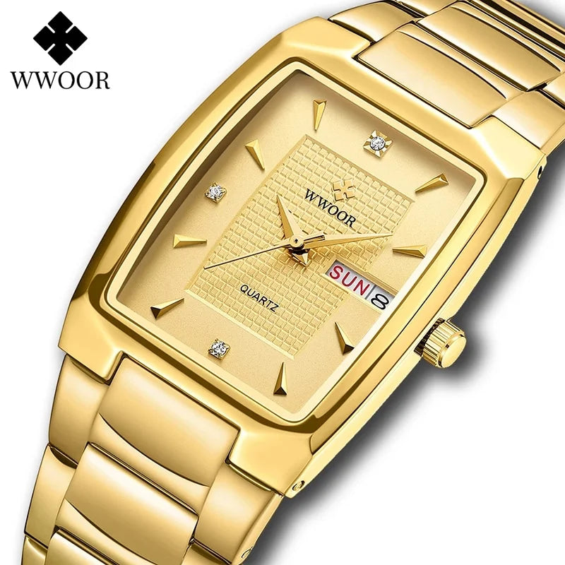 WWOOR 2024 New Square Watch Men with Automatic Week Date Luxury Stainless Steel Gold Mens Quartz Wrist Watches Relogio Masculino - NEXTRENDBAHRAIN