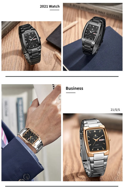 WWOOR 2024 New Square Watch Men with Automatic Week Date Luxury Stainless Steel Gold Mens Quartz Wrist Watches Relogio Masculino - NEXTRENDBAHRAIN