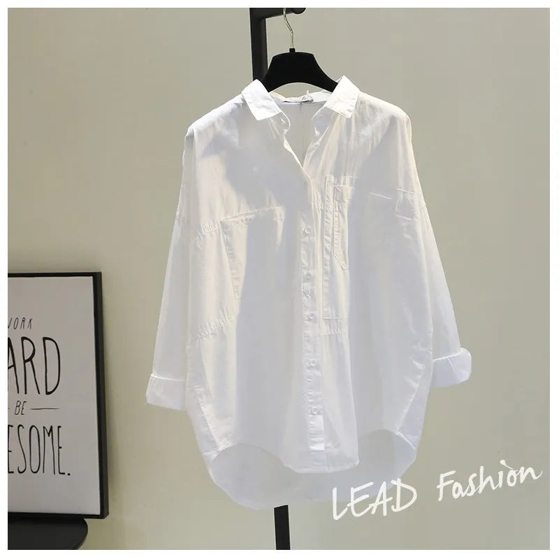 Casual Button Cotton White Women's Shirt Spring Long Sleeve Solid Loose Blouses Office Lady Elegant Tops - NEXTRENDBAHRAIN